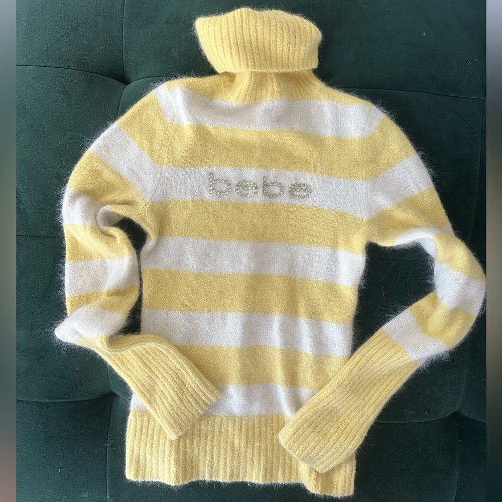 Bebe Striped Yellow and White Turtleneck Sweater